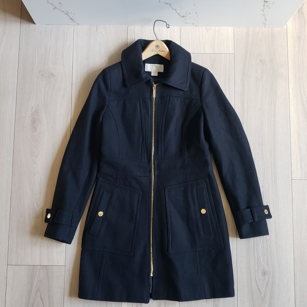 Michael Kors Coat Womens XS Black Wool Gold Zip Trench Jacket‎ Formal Topcoat